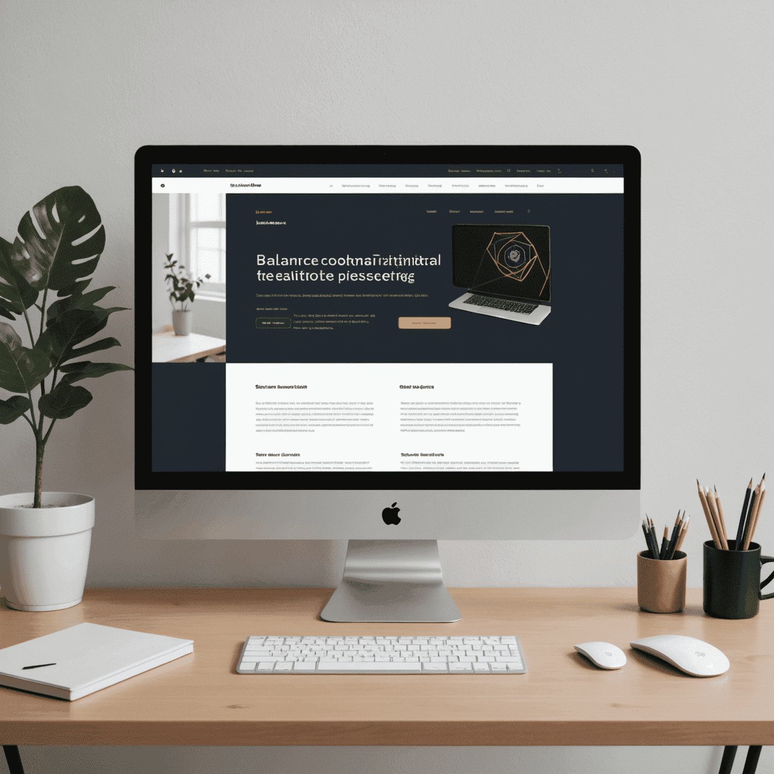 Imagen que muestra una pantalla de computadora con un diseño web simple y elegante, destacando los principios básicos como equilibrio, contraste y jerarquía visual